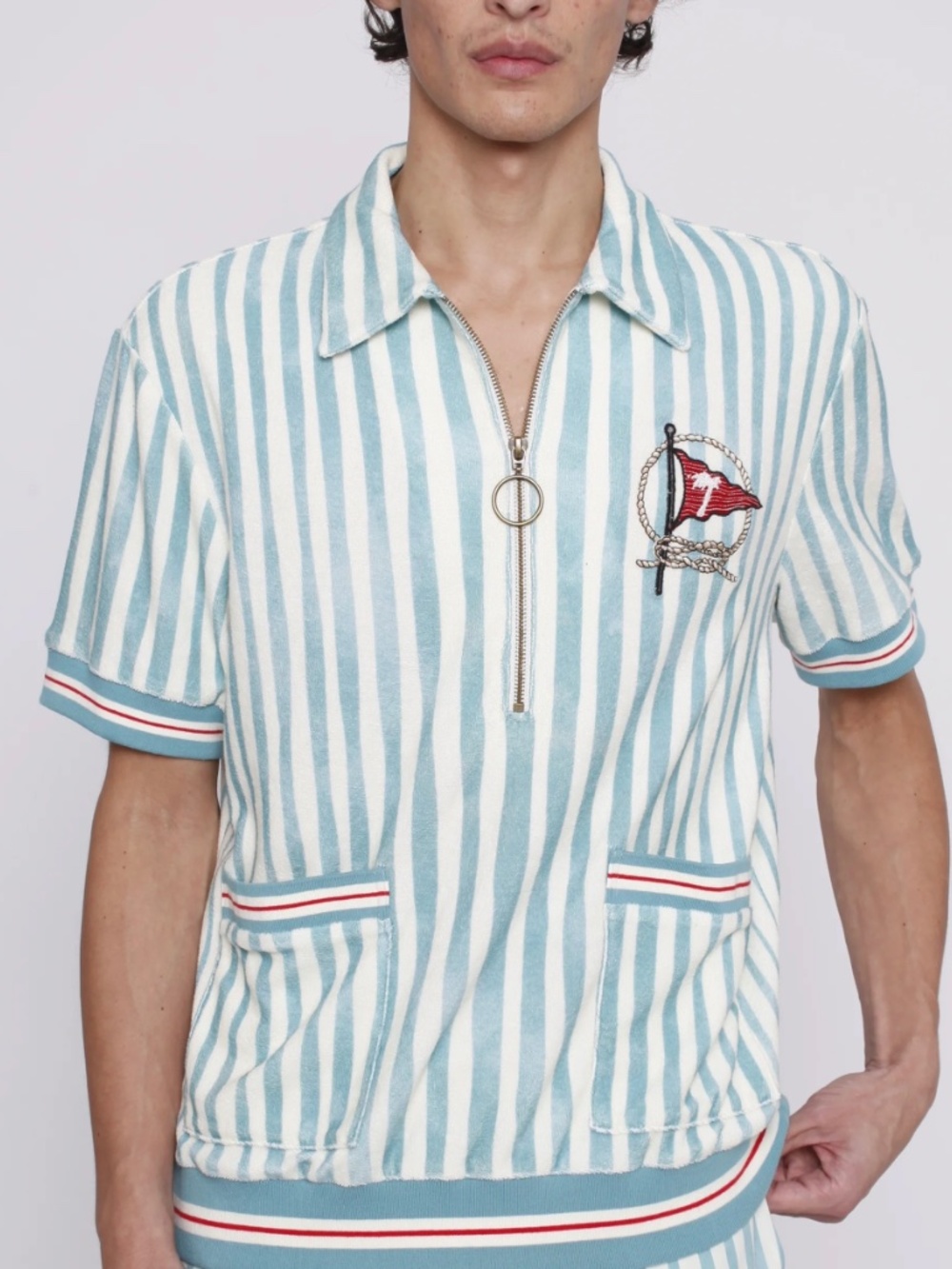 Tombolo Striper Cabana Men' s Short Sleeve Terrycloth Stripe Shirt Sz L Nautical